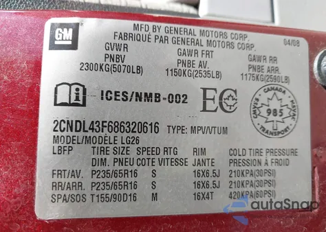 2008 Chevrolet Equinox Lt/Ltz z USA, uszkodzony, nr VIN 2CNDL43F686320616